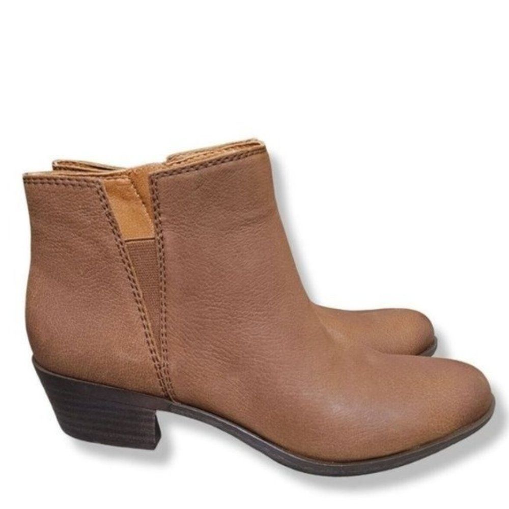 NEW Lucky Brand Leather Bessie Block Heel Side Zip Ankle Boot Cedar Brown Women